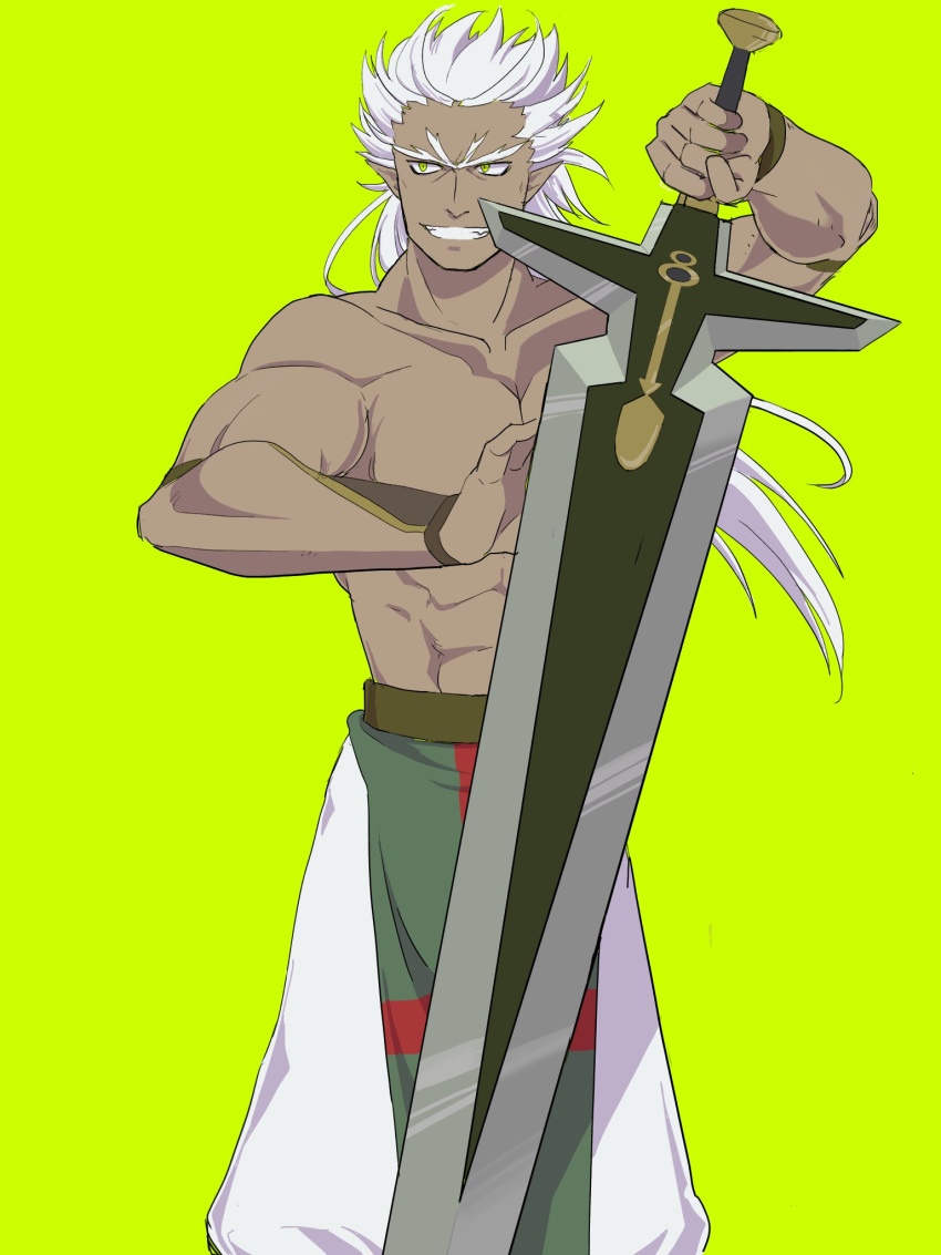 1boy, abs, dark-skinned_male, dark_skin, highres, holding, holding_sword, holding_weapon