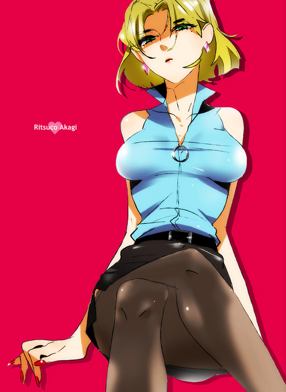 bad_id, bare_shoulders, beauty_mark, belt, blonde_hair, breasts, cleavage, engrish