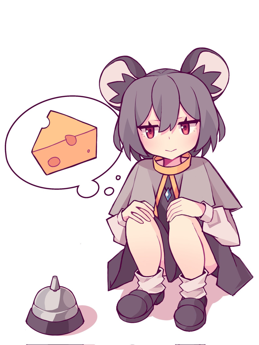 1girl, :>, animal_ear_fluff, animal_ears, black_footwear, call_bell, capelet, cheese