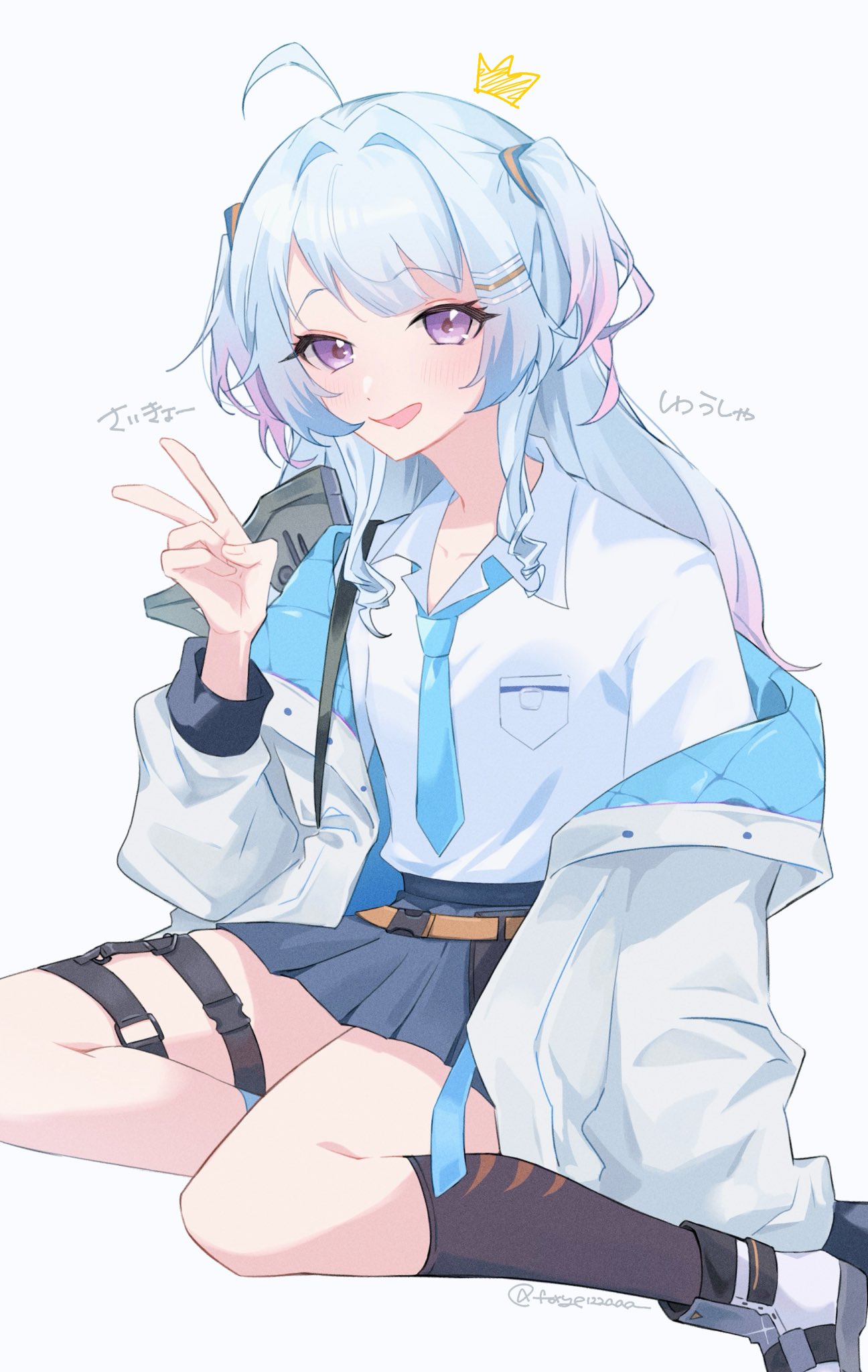 1girl, ahoge, black_socks, blue_hair, blue_jacket, blue_necktie, blue_skirt, blush, collared_shirt, foxypizzaaa, highres, jacket, long_hair, looking_at_viewer, necktie, okamoto_nagi, open_mouth, pink_hair, shirt, shoes, skirt, smile, socks, solo, thigh_strap, two-sided_fabric, two-sided_jacket, two_side_up, v, violet_eyes, virtual_youtuber, vshojo, white_footwear, white_jacket, white_shirt