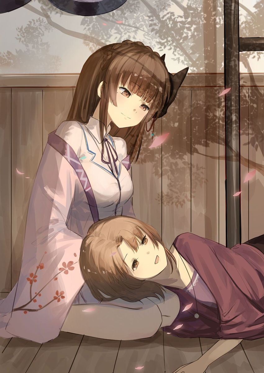 2girls, architecture, braid, brown_hair, character_request, commission, crown_braid, east_asian_architecture