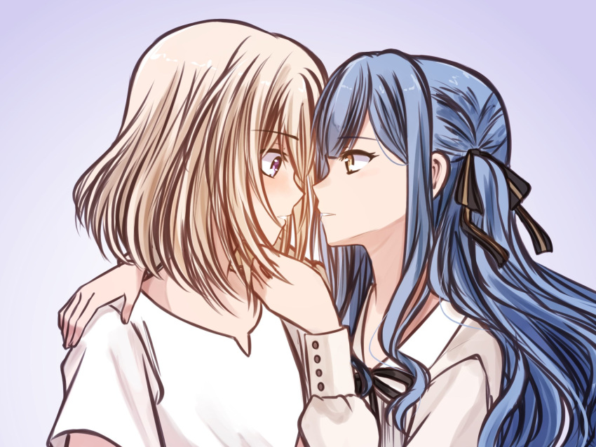 2girls, bang_dream!, bang_dream!_it's_mygo!!!!!, black_ribbon, blonde_hair, blue_background, blue_hair, commentary