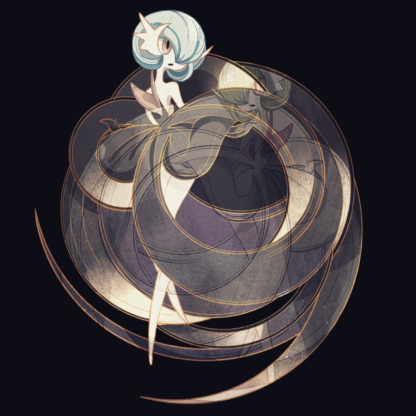 alternate_color, black_background, black_dress, blue_hair, bob_cut, colored_skin, dress, gardevoir