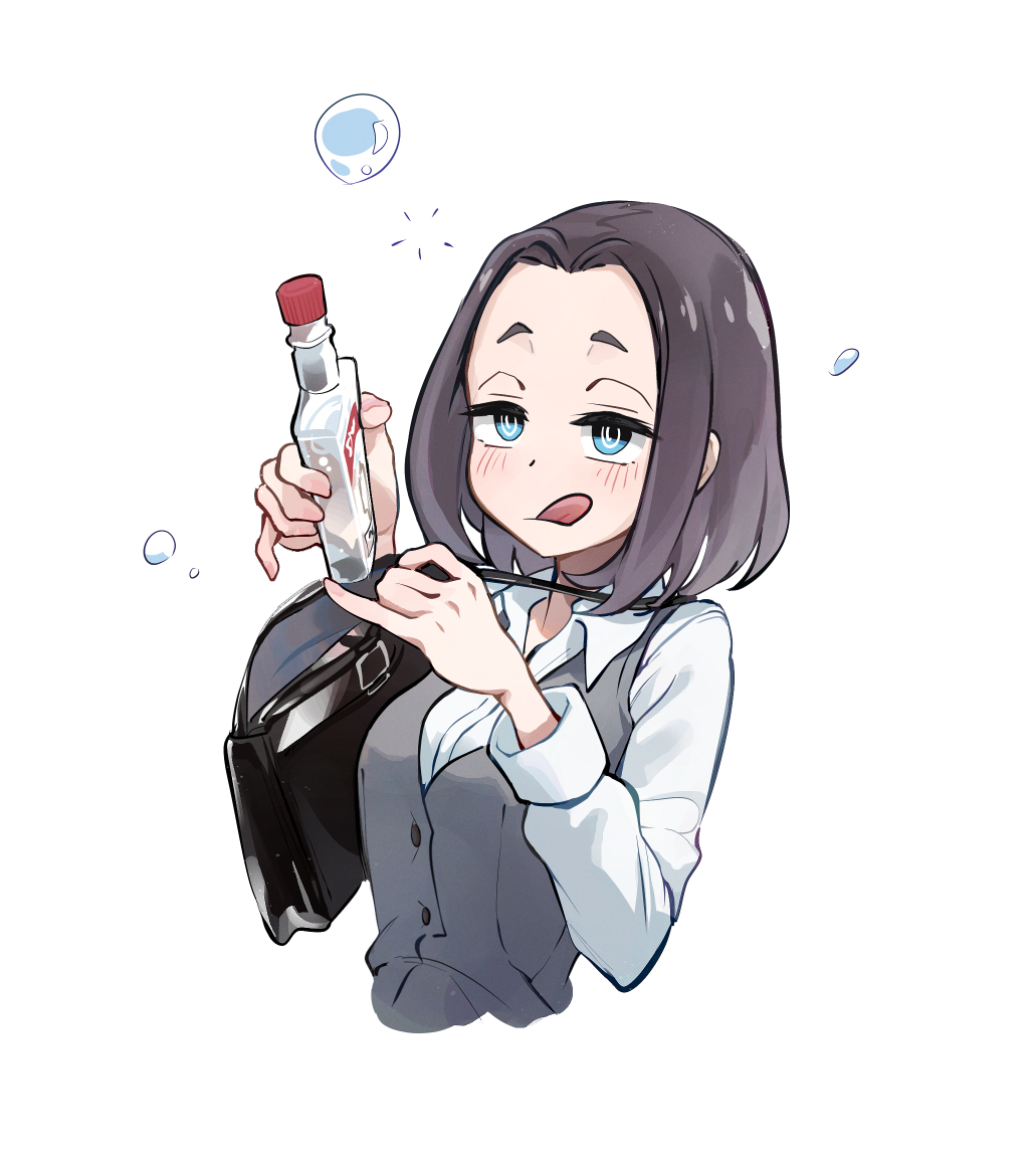 1girl, :q, @_@, alcohol, blue_eyes, bottle, brown_bag, brown_hair