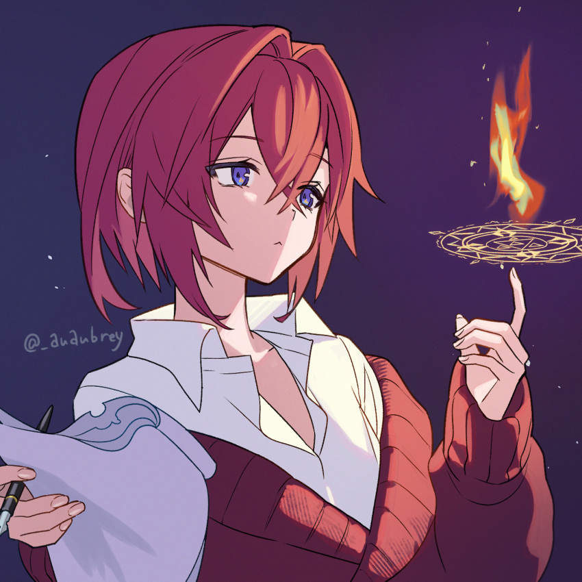 1girl, :<, alternate_costume, ange_katrina, blue_eyes, cardigan, casting_spell, closed_mouth
