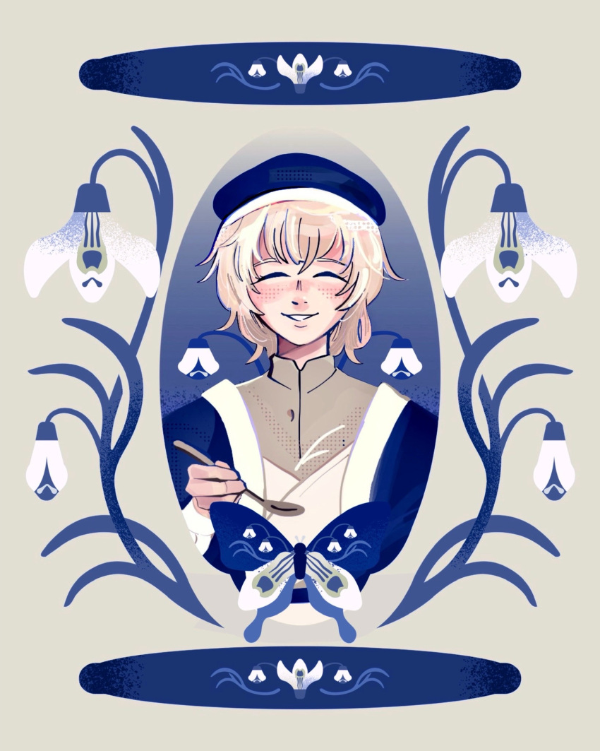 1girl, ^_^, alt_text, beret, blonde_hair, blue_hat, bug, butterfly