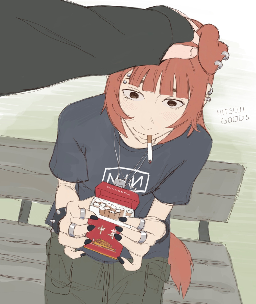bench, black_shirt, brown_eyes, cargo_pants, cigarette, cigarette_pack, dog_ears, dog_girl