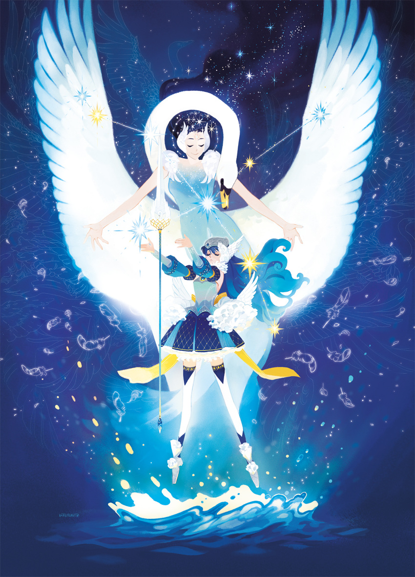 2girls, animal, bird, blue_dress, blue_hair, blue_theme, closed_eyes, commentary