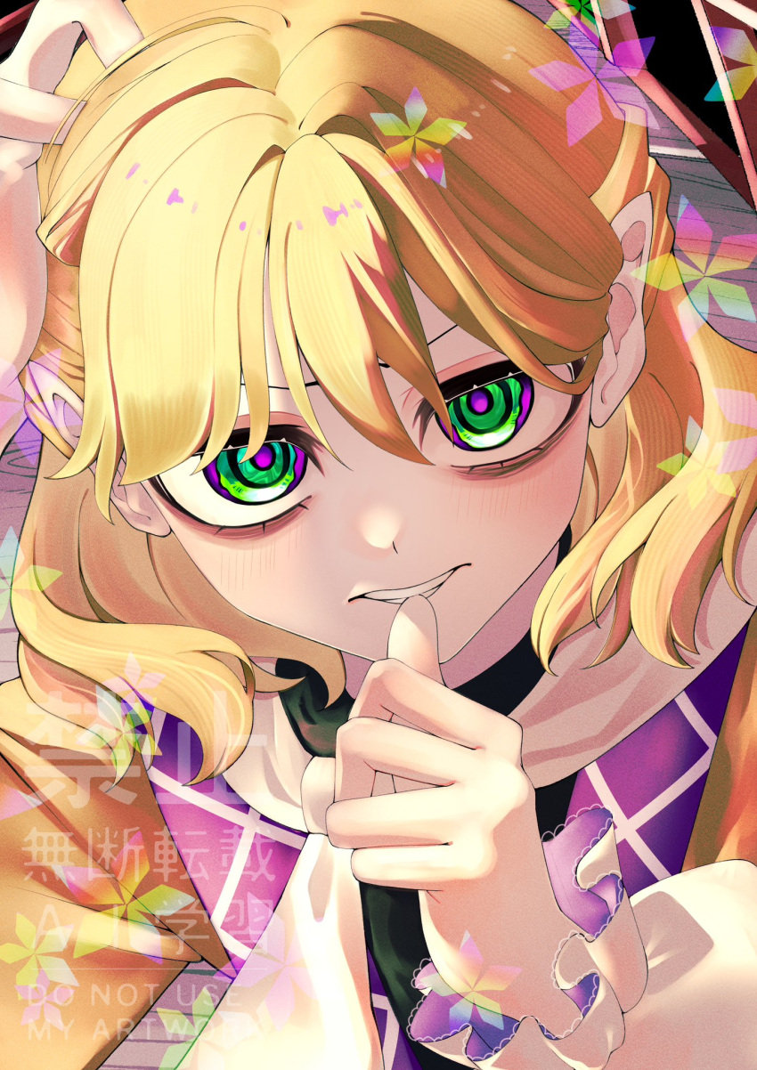 1girl, 22_zefar, arm_warmers, bags_under_eyes, biting, biting_own_thumb, black_shirt, blonde_hair