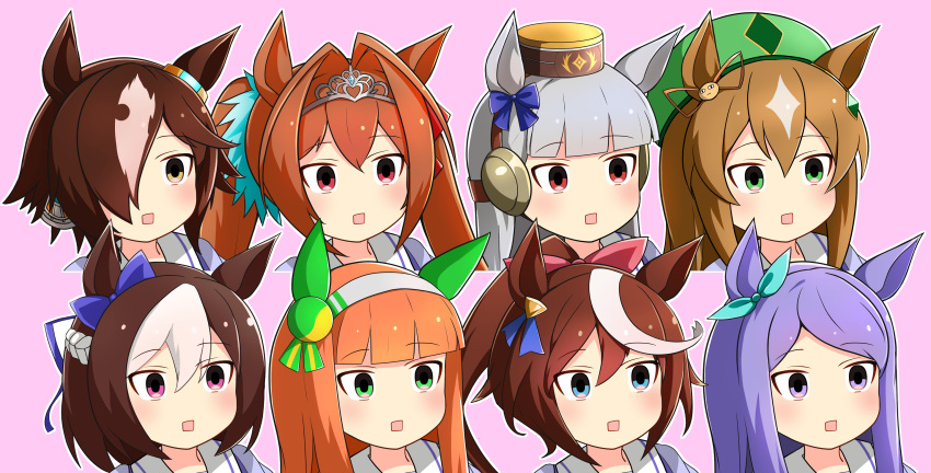 6+girls, absurdres, animal_ears, blue_bow, blunt_bangs, blush, borrowed_character, bow