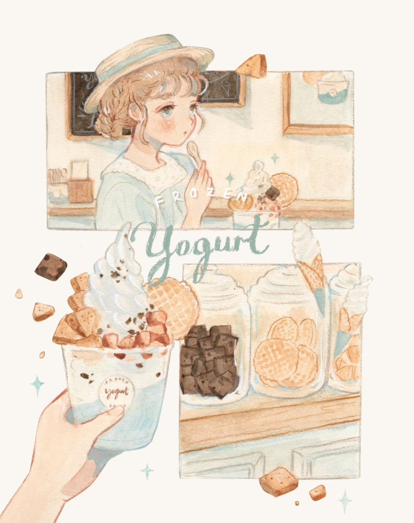 1girl, carrie_(carriedraw), chocolate, cookie, cookie_jar, cup, disposable_cup, english_text, food, food_name, frozen_yogurt, highres, multiple_views, original, solo, white_background, wooden_spoon