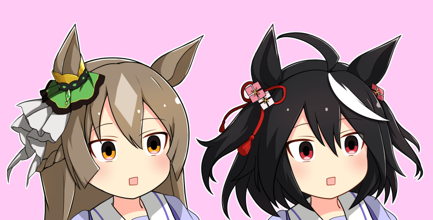 2girls, ahoge, animal_ears, black_hair, brown_eyes, brown_hair, gomennasai_nanoda_(meme), hair_between_eyes