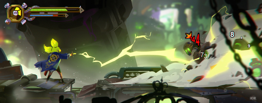 absurdres, artist_name, blue_jacket, chain, chromatic_aberration, critical_hit, damage_numbers, electricity
