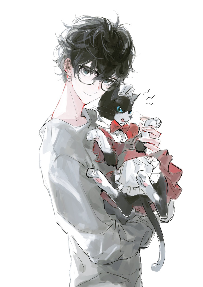 1boy, amamiya_ren, animal, annoyed, apron, black-framed_eyewear, black_eyes, black_hair