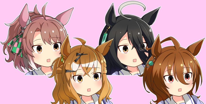 4girls, agnes_tachyon_(umamusume), ahoge, animal_ears, black_hair, blush, brown_eyes, brown_hair