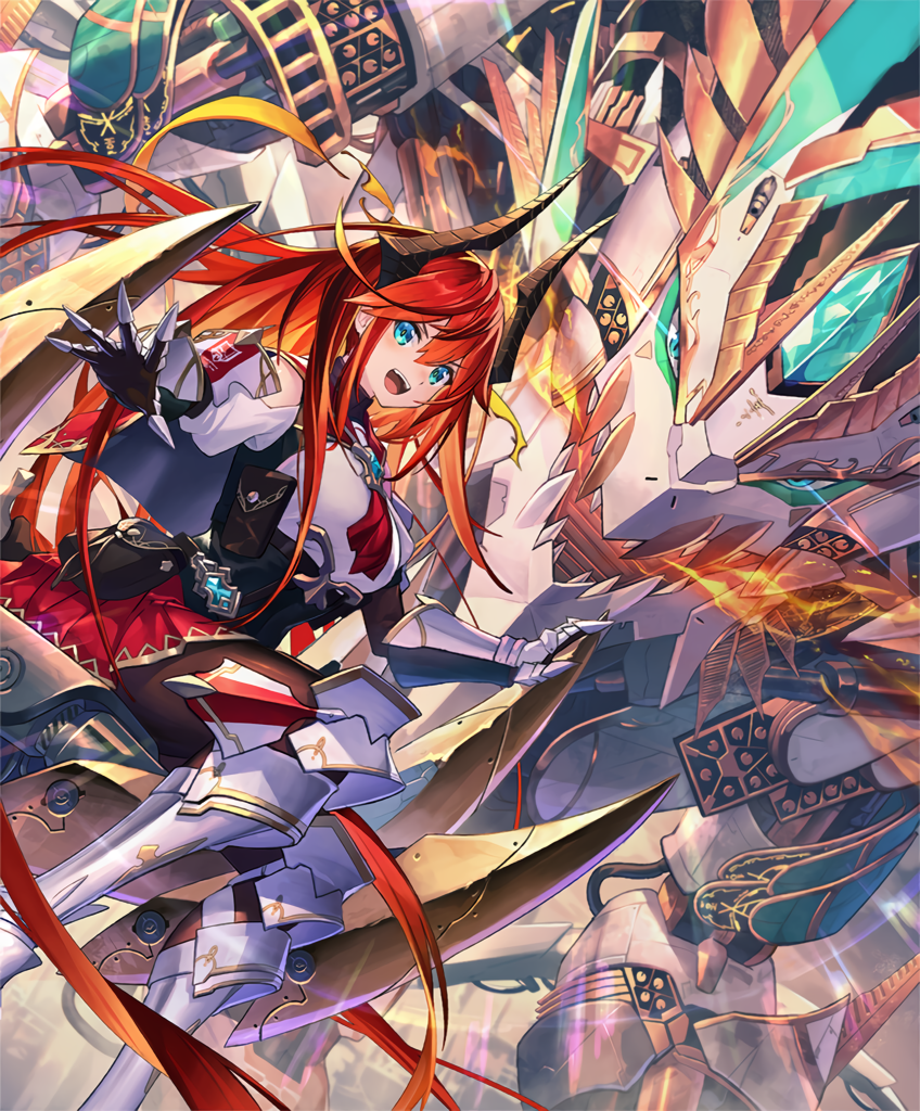 1girl, arm_support, arm_up, armored_boots, black_pantyhose, blue_eyes, blush, boots, breasts, clothing_cutout, feet_out_of_frame, from_below, gauntlets, hair_between_eyes, high_collar, horns, large_breasts, long_hair, looking_at_viewer, miniskirt, necktie, non-humanoid_robot, official_art, open_mouth, outdoors, pantyhose, pleated_skirt, pouch, red_skirt, redhead, ribbon, robot, robot_dragon, rola_(shadowverse), shadowverse, shirt, shoulder_cutout, sitting, skirt, smile, straight_hair, takamine_nadare, teeth, underbust, upper_teeth_only, very_long_hair, white_shirt