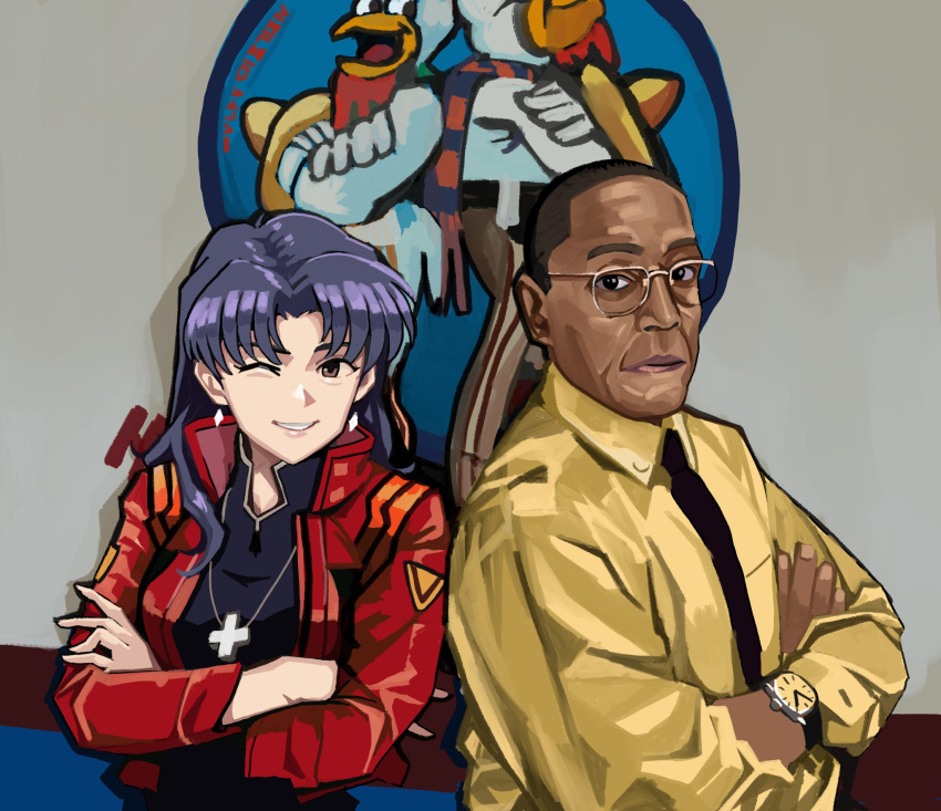 1boy, 1girl, breaking_bad, cross, cross_necklace, gustavo_fring, highres, jacket, jewelry, katsuragi_misato, looking_at_viewer, necklace, neon_genesis_evangelion, red_jacket, shirt, smile, upper_body, wani_(perfect_han), yellow_shirt