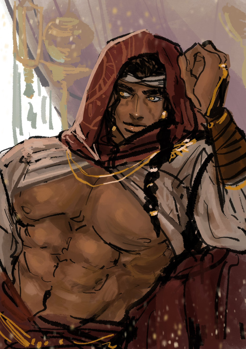 1boy, abs, arabian_clothes, bishounen, brown_hair, dark-skinned_male, dark_skin, earrings