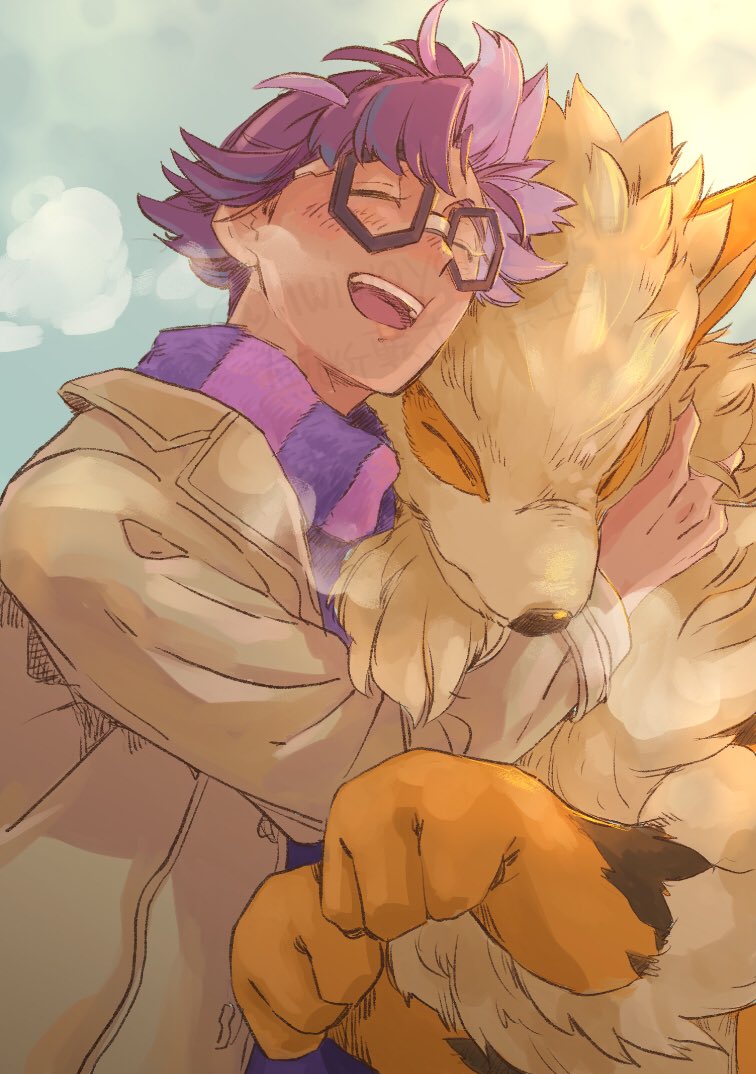 1boy, arcanine, arm_up, black-framed_eyewear, blush, brown_coat, closed_eyes, clouds
