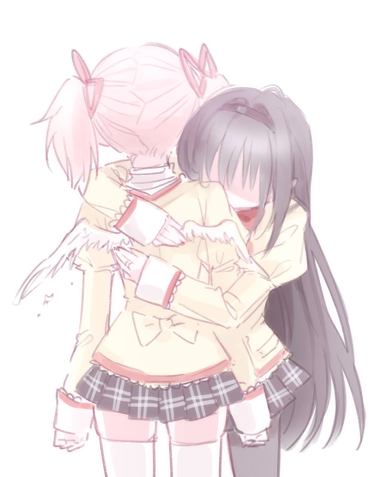 2girls, akemi_homura, black_hair, black_hairband, black_pantyhose, black_skirt, commentary, faceless