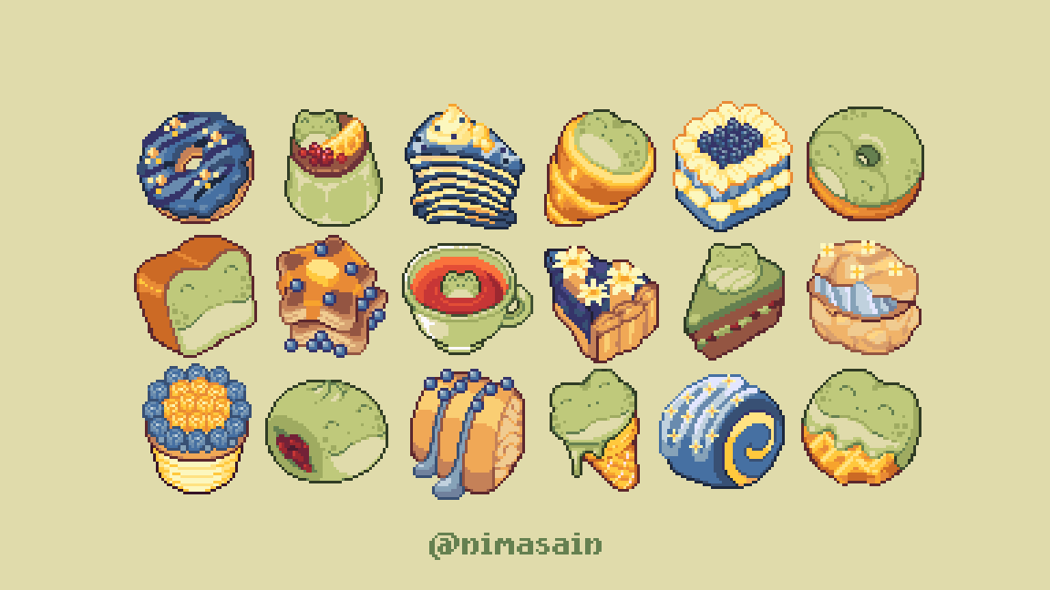 animal-themed_food, blue_flower, blueberry, cake, cake_slice, cupcake, dessert, doughnut, flower, food, food_focus, frog, fruit, green_background, ice_cream, matcha_(food), mille_crepe, nimasain, original, pancake, pie, pie_slice, pudding, simple_background, swiss_roll, waffle