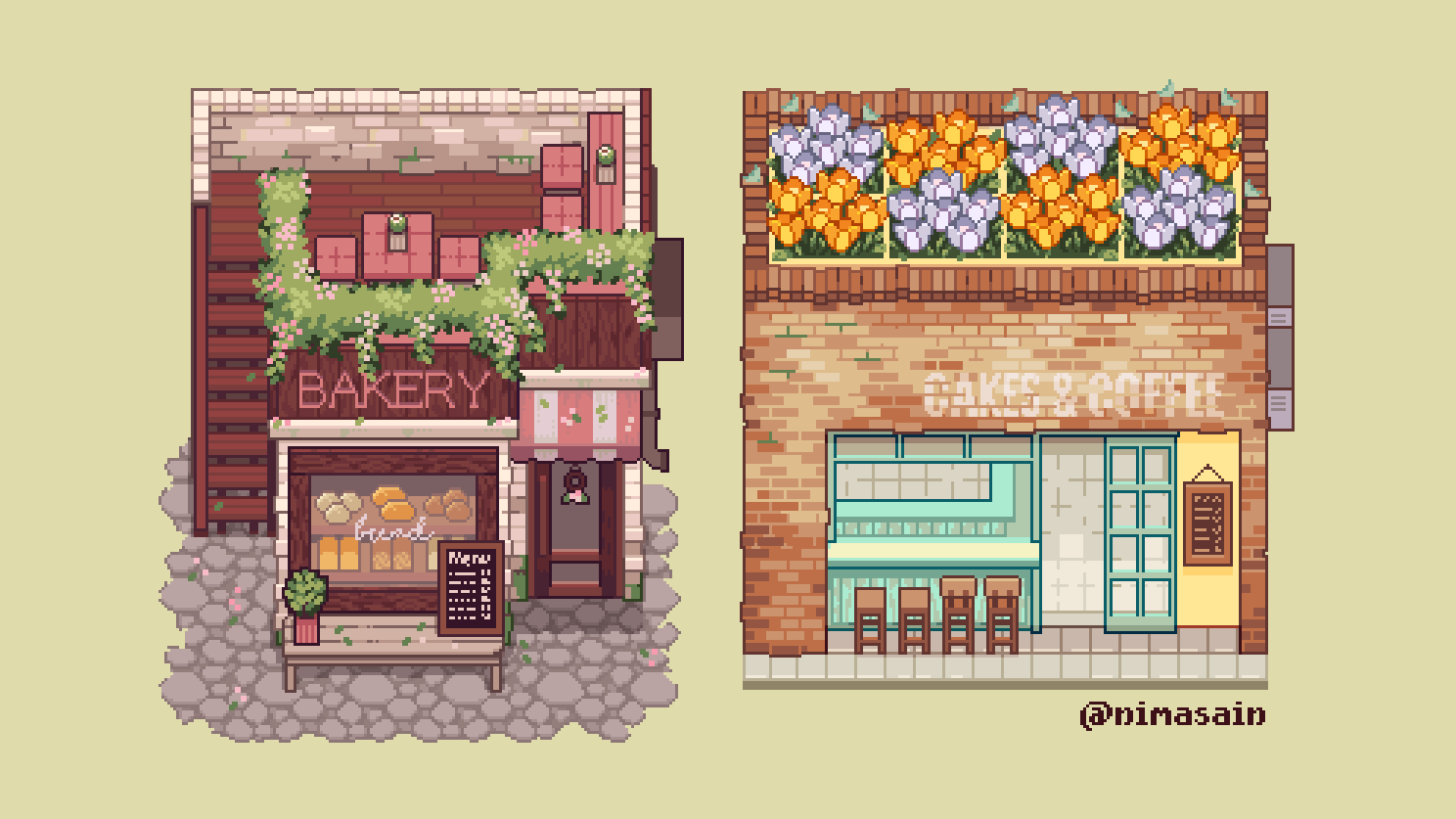 bakery, bread, bush, cafe, counter, door, flower, food