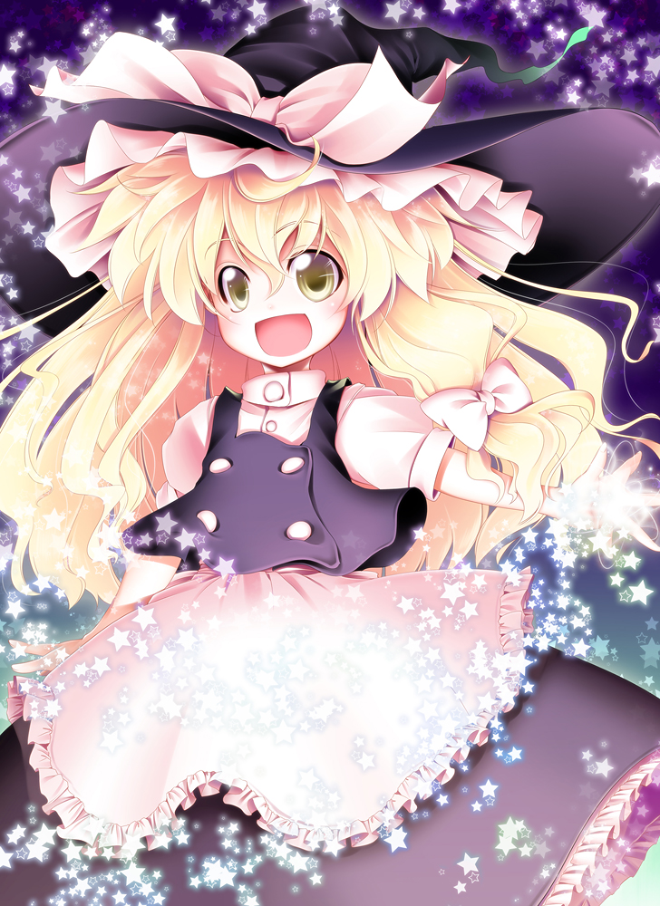 :d, aozora_market, blonde_hair, hat, kirisame_marisa, long_hair, open_mouth, outstretched_arm