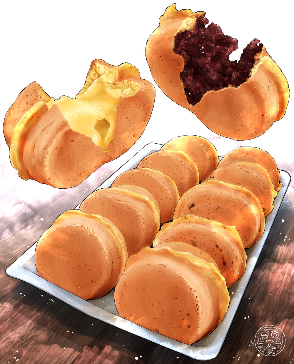 artist_logo, commentary_request, custard, dessert, food, food_focus, highres, imagawayaki