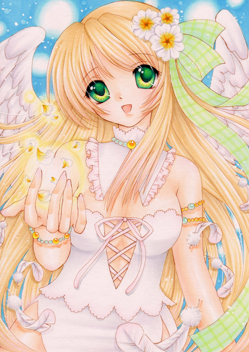 angel_wings, bare_shoulders, blonde_hair, bracelet, breasts, bustier, cleavage, feathers, flower, green_eyes, hair_flower, hair_ornament, hair_ribbon, highres, jewelry, lingerie, long_hair, marker_(medium), mocomoco_party, open_hand, open_mouth, orange_hair, original, pearl, petals, ribbon, side_slit, smile, solo, tareme, traditional_media, underwear, wings