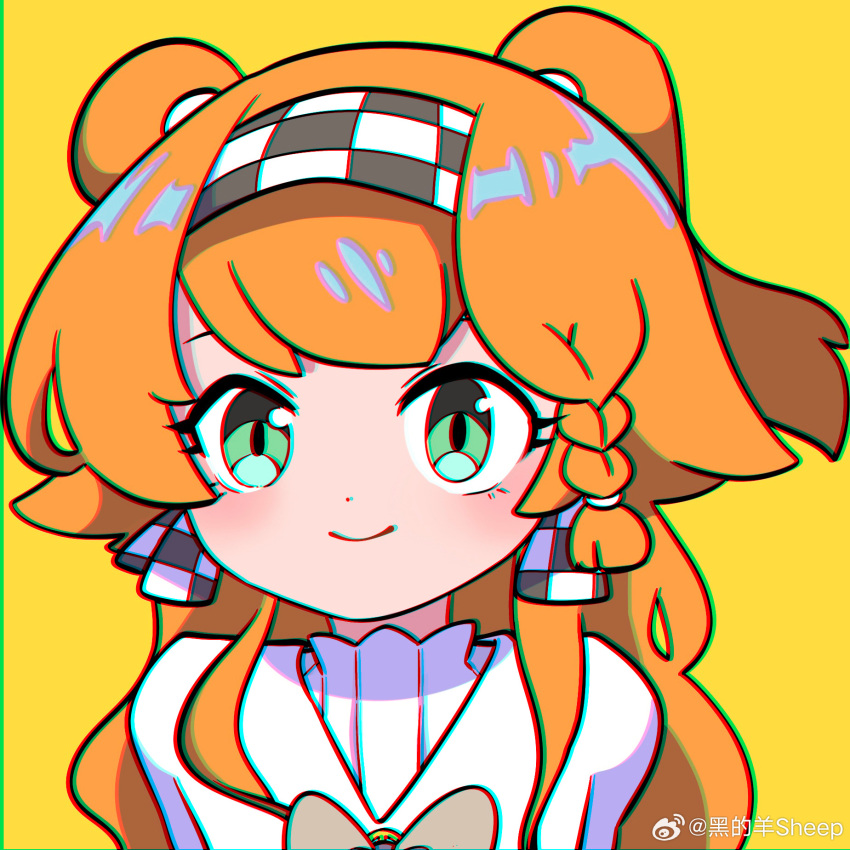 1girl, asymmetrical_sidelocks, braided_sidelock, checkered_hairband, chromatic_aberration, closed_mouth, dress, green_eyes