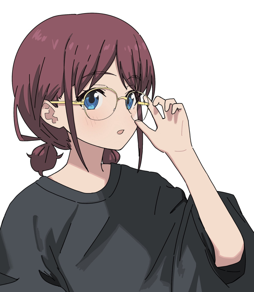 1girl, adjusting_eyewear, bespectacled, blue_eyes, brown_hair, commentary, girls_band_cry, glasses, hand_up, highres, iseri_nina, looking_at_viewer, low_twintails, nekokko_neko, open_mouth, short_hair, solo, twintails, upper_body