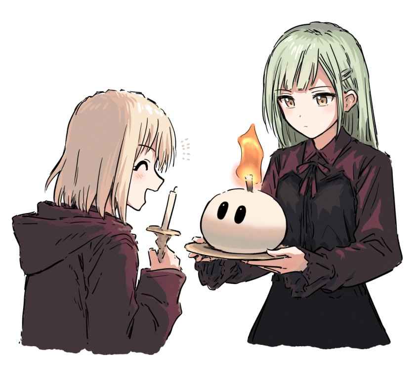 2girls, ^_^, bang_dream!, bang_dream!_it's_mygo!!!!!, blonde_hair, blush, bullfalk, closed_eyes, commentary, cropped_torso, fire, green_hair, hair_ornament, hairclip, holding, holding_tray, hood, hood_down, ignizol, long_hair, long_sleeves, medium_hair, misumi_uika, multiple_girls, open_mouth, simple_background, the_legend_of_zelda, the_legend_of_zelda:_echoes_of_wisdom, tray, wakaba_mutsumi, white_background, yellow_eyes