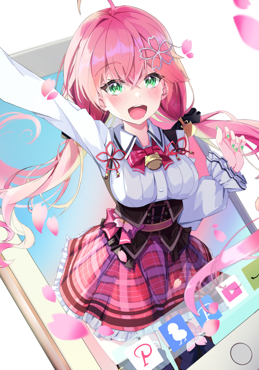 1girl, absurdres, ahoge, green_eyes, green_nails, highres, hololive, long_hair