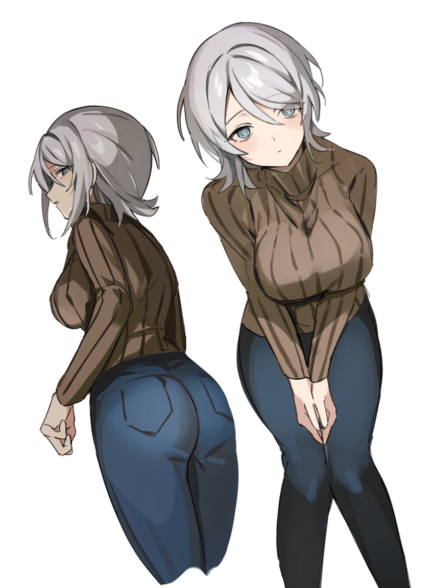 1girl, back, blue_eyes, blush, breasts, denim, faust_(project_moon), highres