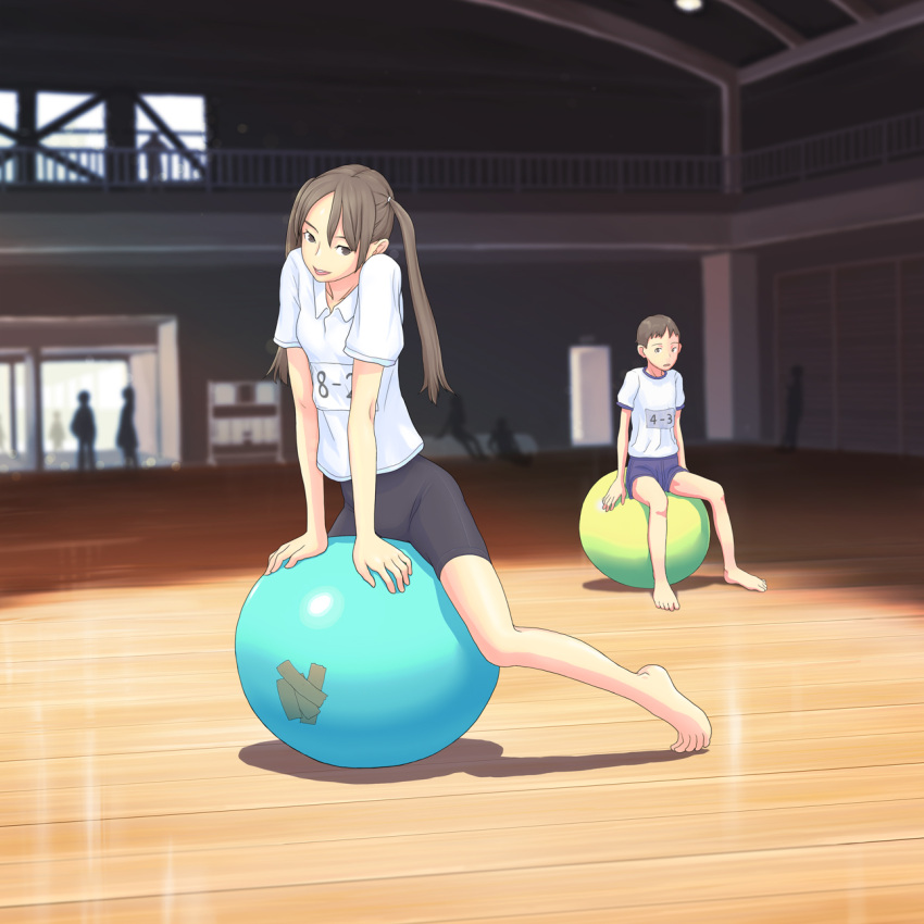 balance_ball, barefoot, bike_shorts, brown_eyes, brown_hair, copyright_request, exercise_ball, feet, female, flash_tomo, gym_uniform, highres, indoors, long_hair, school, twintails