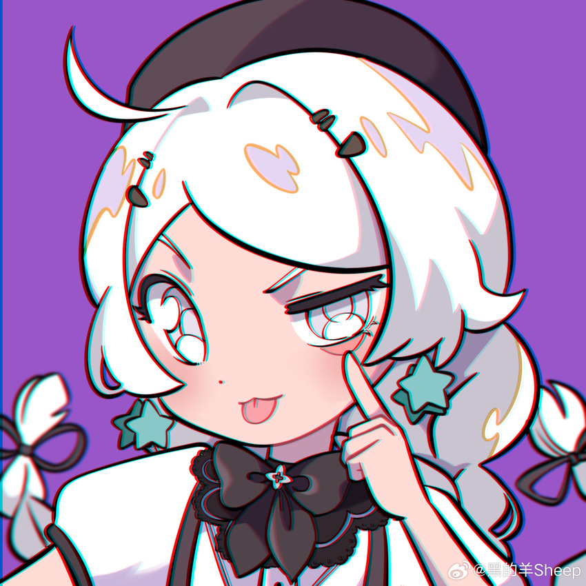 1girl, :p, ahoge, balloon_party, beret, black_bow, black_bowtie, black_hat