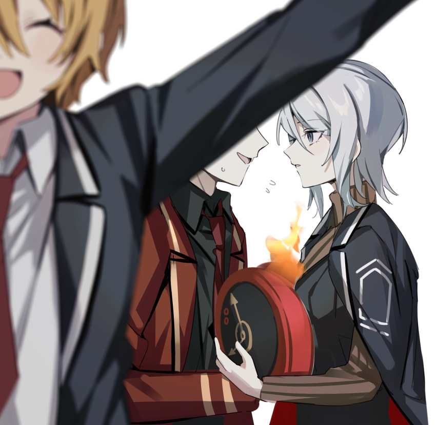 1other, 2girls, arm_up, black_coat, blue_eyes, clock, coat, collared_shirt