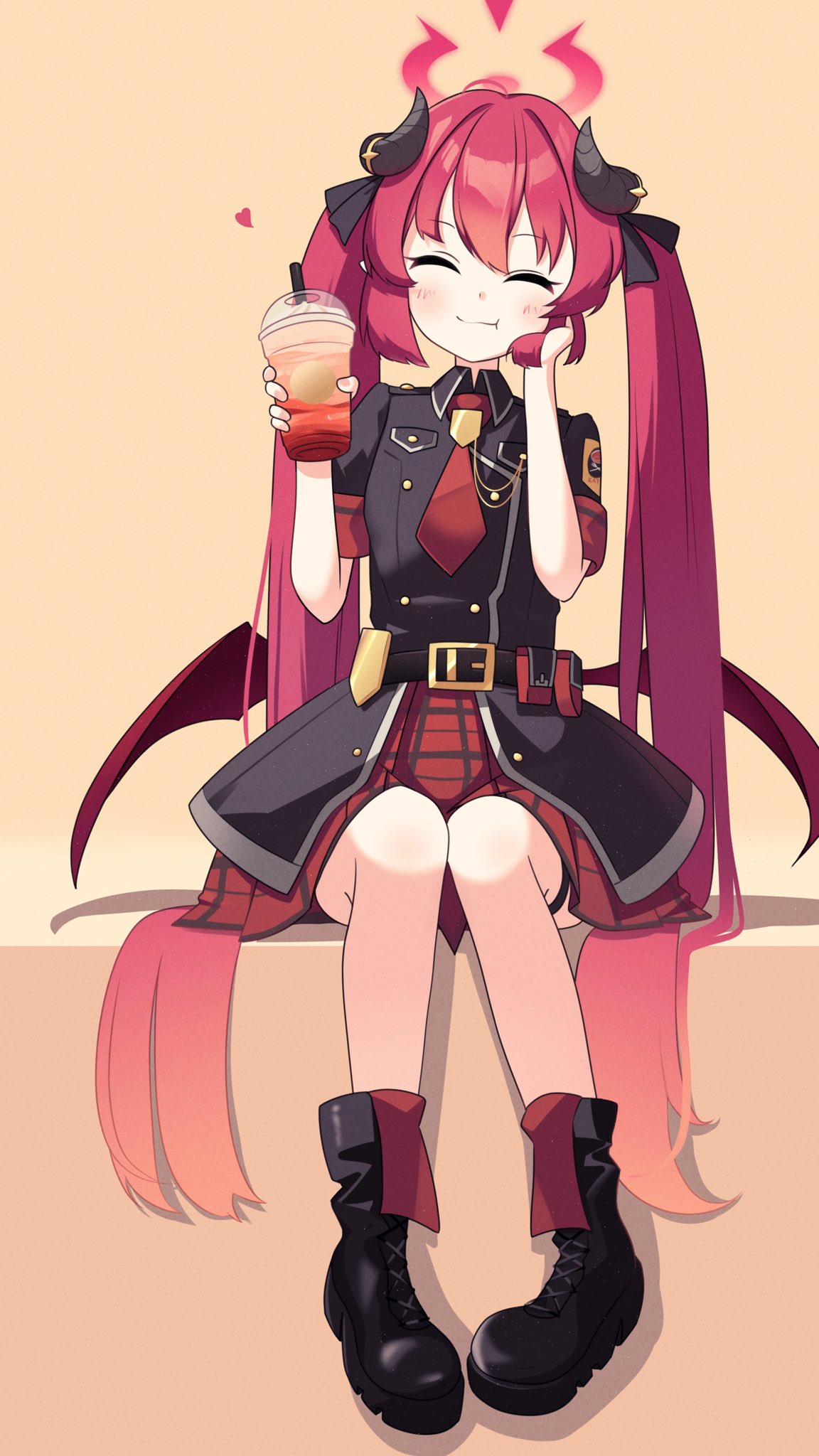 1girl, :t, ^_^, belt, black_belt, black_footwear, black_ribbon, black_shirt, blue_archive, blush, boots, closed_eyes, closed_mouth, collared_shirt, commentary_request, cross-laced_footwear, cup, demon_girl, demon_horns, demon_wings, disposable_cup, facing_viewer, full_body, hair_between_eyes, hair_ribbon, halo, hand_on_own_cheek, hand_on_own_face, hands_up, happy, heart, highres, holding, holding_cup, horns, junko_(blue_archive), long_hair, low_wings, miniskirt, muu3_illust, necktie, orange_background, plaid_clothes, plaid_skirt, pleated_skirt, red_halo, red_necktie, red_skirt, redhead, ribbon, school_uniform, shirt, short_sleeves, sidelocks, simple_background, sitting, skirt, smile, solo, straight_hair, twintails, twintails_day, very_long_hair, wings