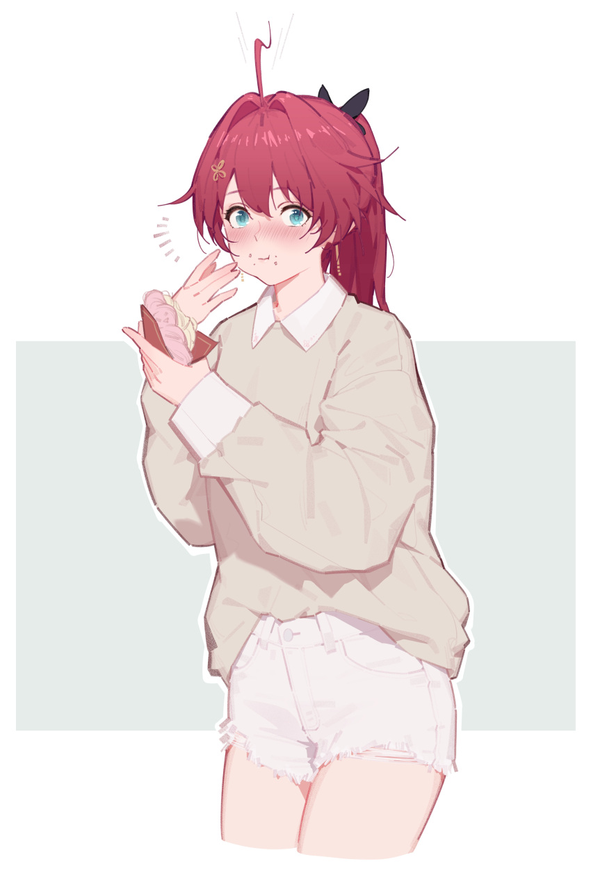 1girl, absurdres, ahoge, alternate_costume, alternate_hairstyle, blue_eyes, border, brown_shirt