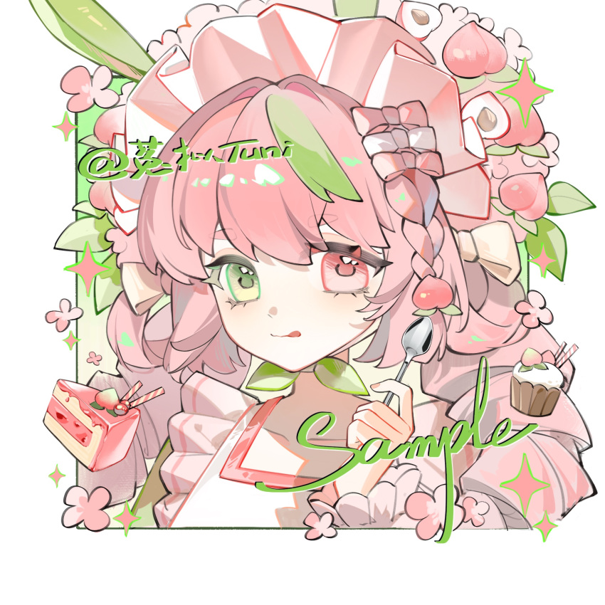 1girl, artist_name, bow, braid, cake, cake_slice, collarbone, cupcake