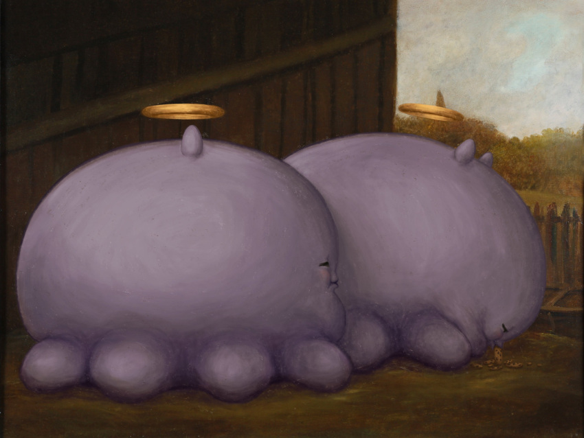 =_=, a_pair_of_pigs, bent_over, brother_may_i_have_some_oats_(meme), carbide444, chocolate_chip_cookie, commentary, cookie, eating, english_commentary, fence, fine_art_parody, food, from_side, full_body, halo, highres, hololive, hololive_english, meme, no_humans, outdoors, parody, parted_lips, takodachi_(ninomae_ina'nis), virtual_youtuber, wooden_fence