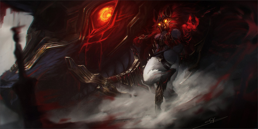 1girl, animal_ears, black_fur, body_fur, bow_(weapon), braid, chosen_of_the_wolf_kindred, dark, fake_animal_ears, furry, furry_female, giant, glowing, glowing_eyes, gold_mask, highres, holding, holding_bow_(weapon), holding_weapon, kindred_(league_of_legends), lamb_(league_of_legends), league_of_legends, looking_at_viewer, official_alternate_costume, orange_eyes, redhead, sophyucha, standing, teeth, twin_braids, twisted_torso, weapon, white_fur, wolf_(league_of_legends)