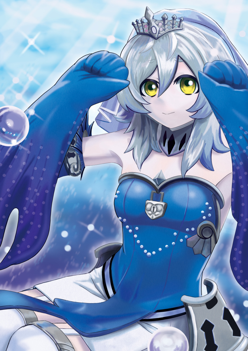 1girl, absurdres, armpits, arms_up, breasts, collar, detached_sleeves, duel_monster, fins, fish_girl, g-pencile, gem, grey_hair, hair_between_eyes, hair_ornament, head_fins, highres, lock, looking_at_viewer, medium_breasts, pearl_(gemstone), pelvic_curtain, shirt, short_hair, skirt, tearlaments_merrli, thigh-highs, thigh_strap, tiara, underwater, veil, white_shirt, yellow_eyes, yu-gi-oh!