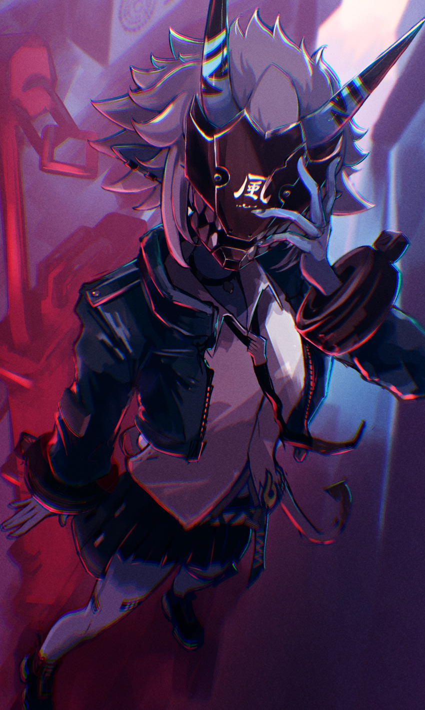 1girl, bandaid, black_choker, black_footwear, black_nails, black_necktie, black_skirt, blue_jacket, blue_skin, choker, collared_shirt, colored_skin, commentary, dutch_angle, ear_piercing, full_body, highres, holster, horns, jacket, loose_necktie, mask, multicolored_horns, necktie, oni, open_clothes, open_jacket, piercing, sanshoku_dango_(shukosuko), shirt, short_hair, skin-covered_horns, skirt, solo, soukaku_(zenless_zone_zero), tail, thigh_holster, two-tone_horns, waist_ribbon, weapon, white_hair, white_shirt, wrist_cuffs, zenless_zone_zero