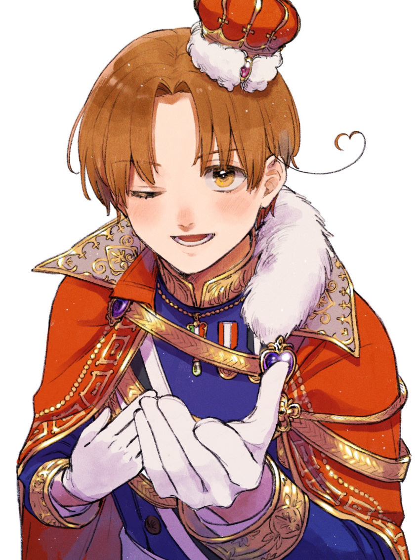 1boy, axis_powers_hetalia, belt, blue_jacket, buttons, cape, collared_cape, crown