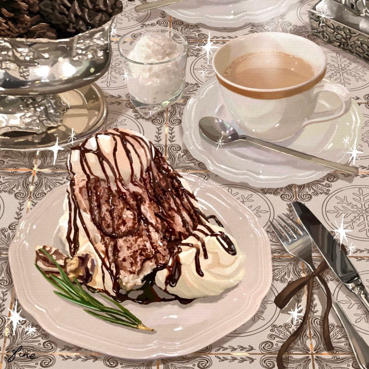 butter_knife, cake, cake_slice, chocolate_syrup, cup, drink, fine_9725, food