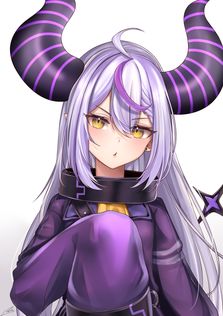 1girl, absurdres, ahoge, belt, braid, closed_mouth, collar, demon_girl