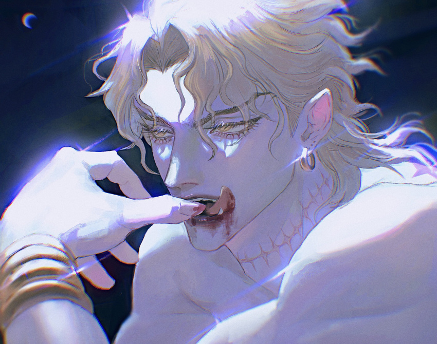 1boy, 205415, androgynous, birthmark, bishounen, blonde_hair, dio_brando, ear_birthmark, earrings, eyelashes, fangs, highres, jewelry, joestar_birthmark, jojo_no_kimyou_na_bouken, licking_blood, licking_lips, scar, scar_on_neck, solo, stitched_neck, stitches, tongue, tongue_out, vampire, yellow_eyes