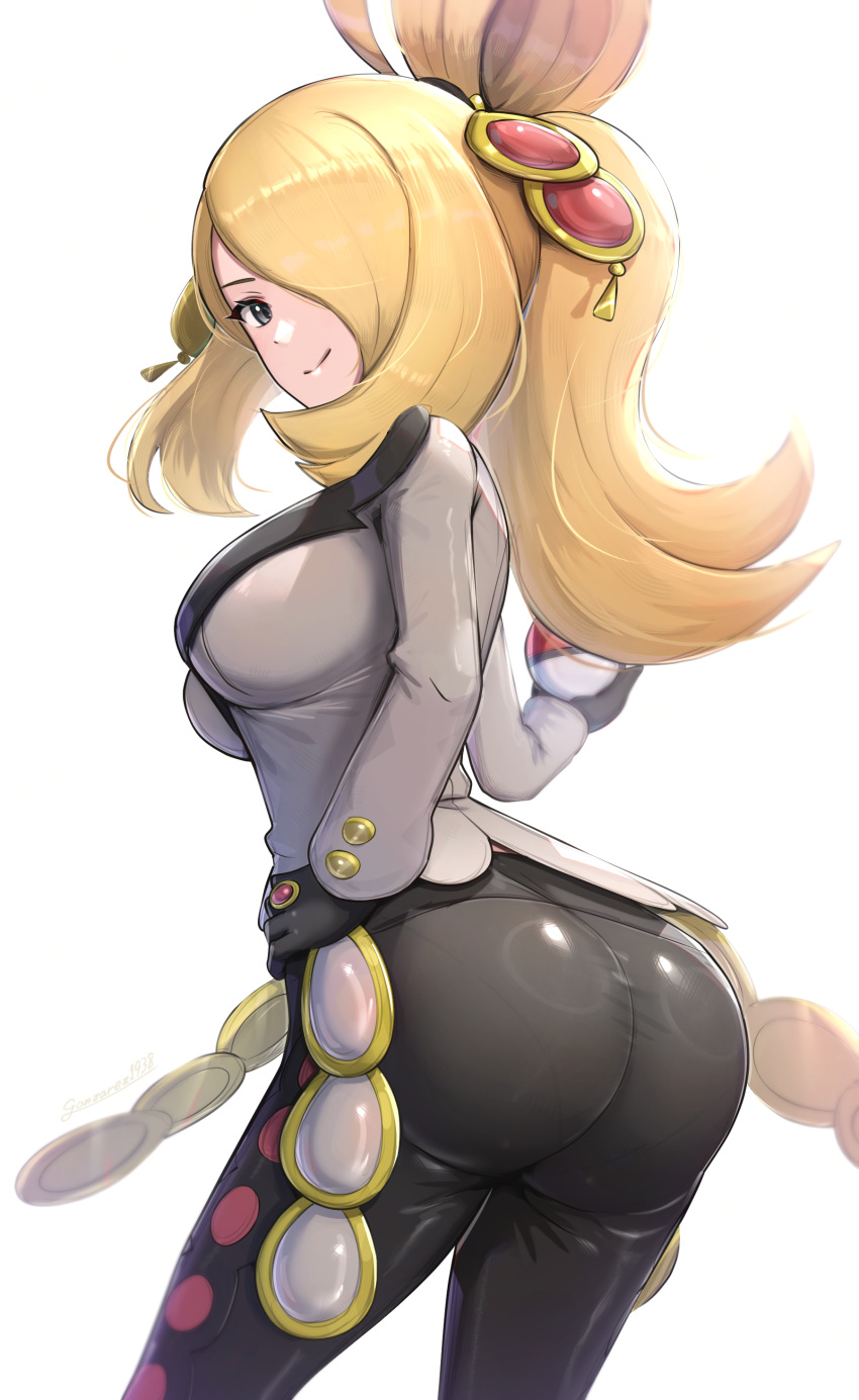 1girl, absurdres, ass, black_gloves, blonde_hair, breasts, closed_mouth, cynthia_(pokemon), cynthia_(sygna_suit)_(pokemon), gloves, gonzarez, grey_eyes, grey_jacket, hair_ornament, hair_over_one_eye, highres, holding, holding_poke_ball, jacket, long_hair, long_sleeves, looking_at_viewer, official_alternate_costume, pants, poke_ball, pokemon, pokemon_masters_ex, smile, solo