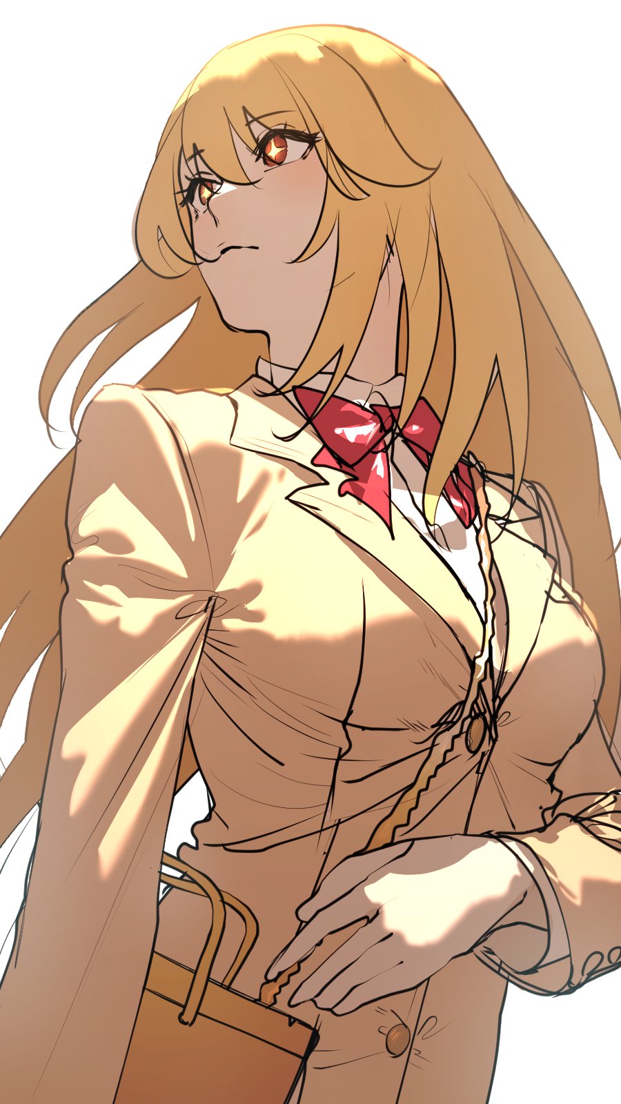 1girl, bag, blazer, blonde_hair, bow, bowtie, breasts, brown_jacket